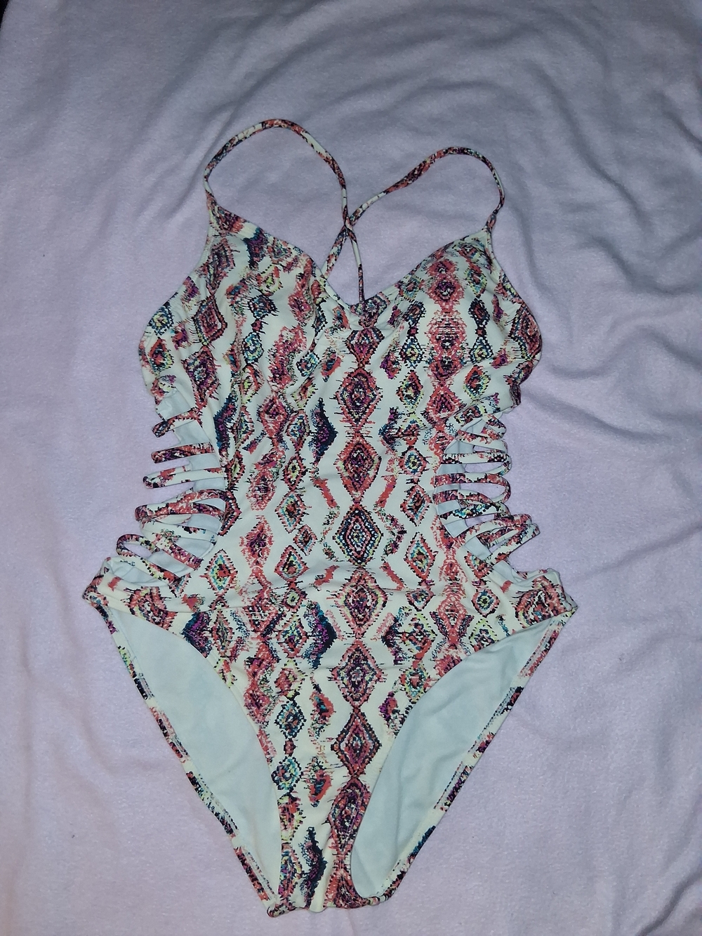 Xhilaration White One-Piece Swimsuit with Pink and Blue Geometric Print
